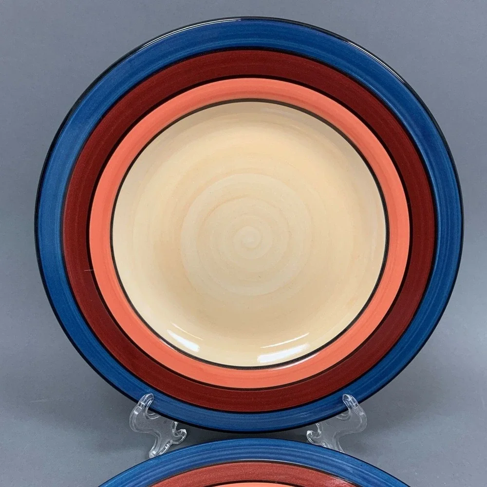 Living Art Brighton Dinner Plates Multi-color Blue Beige Red‎ Orange Lot of 2